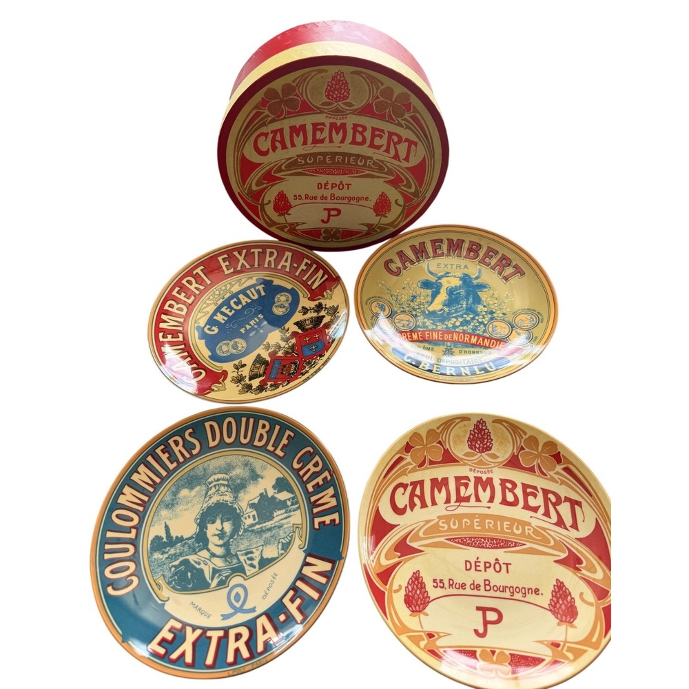BIA Cordon Bleu Camembert French Cheese Label Plates Set of 4 w/ Box 8" 2003